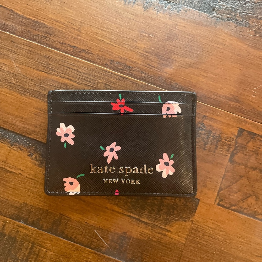 Kate Spade Madison Black Card Holder with Pink and Red Floral Accents